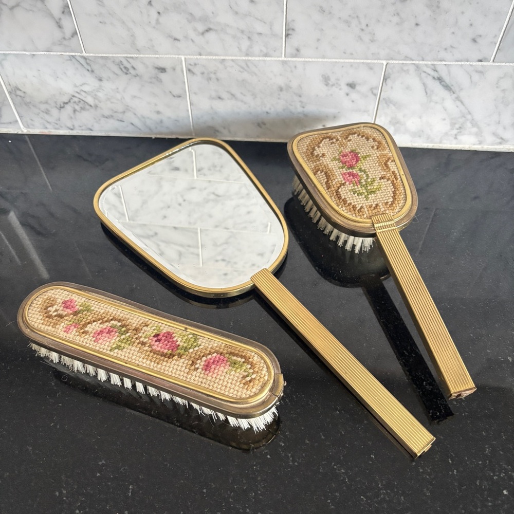 Vintage Brass and Floral Needlepoint Embroidered Mirror and Brushes Vanity Set